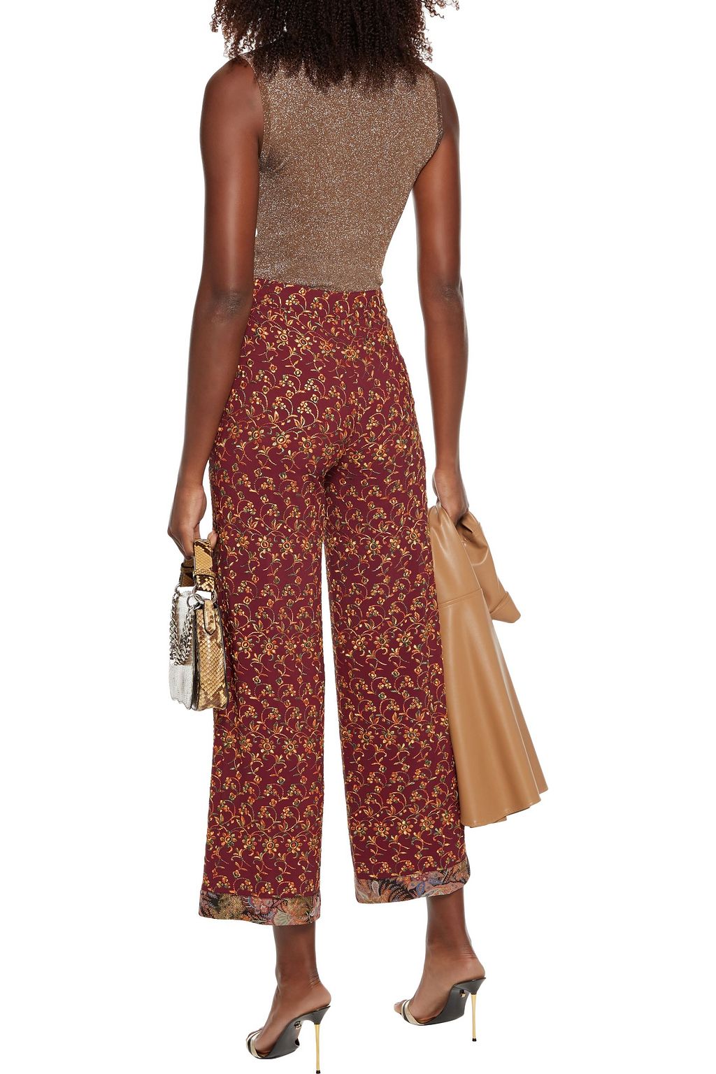 ETRO Cropped jacquard-trimmed embroidered crepe wide-leg pants