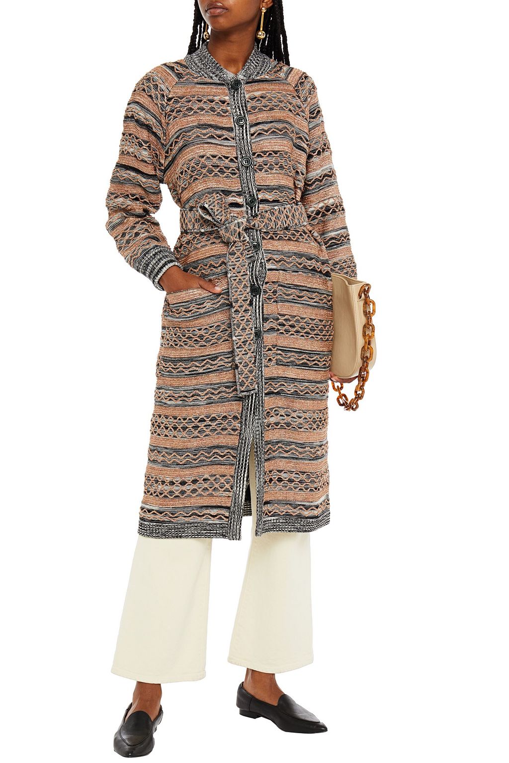 MISSONI Belted metallic crocheted wool-blend coat