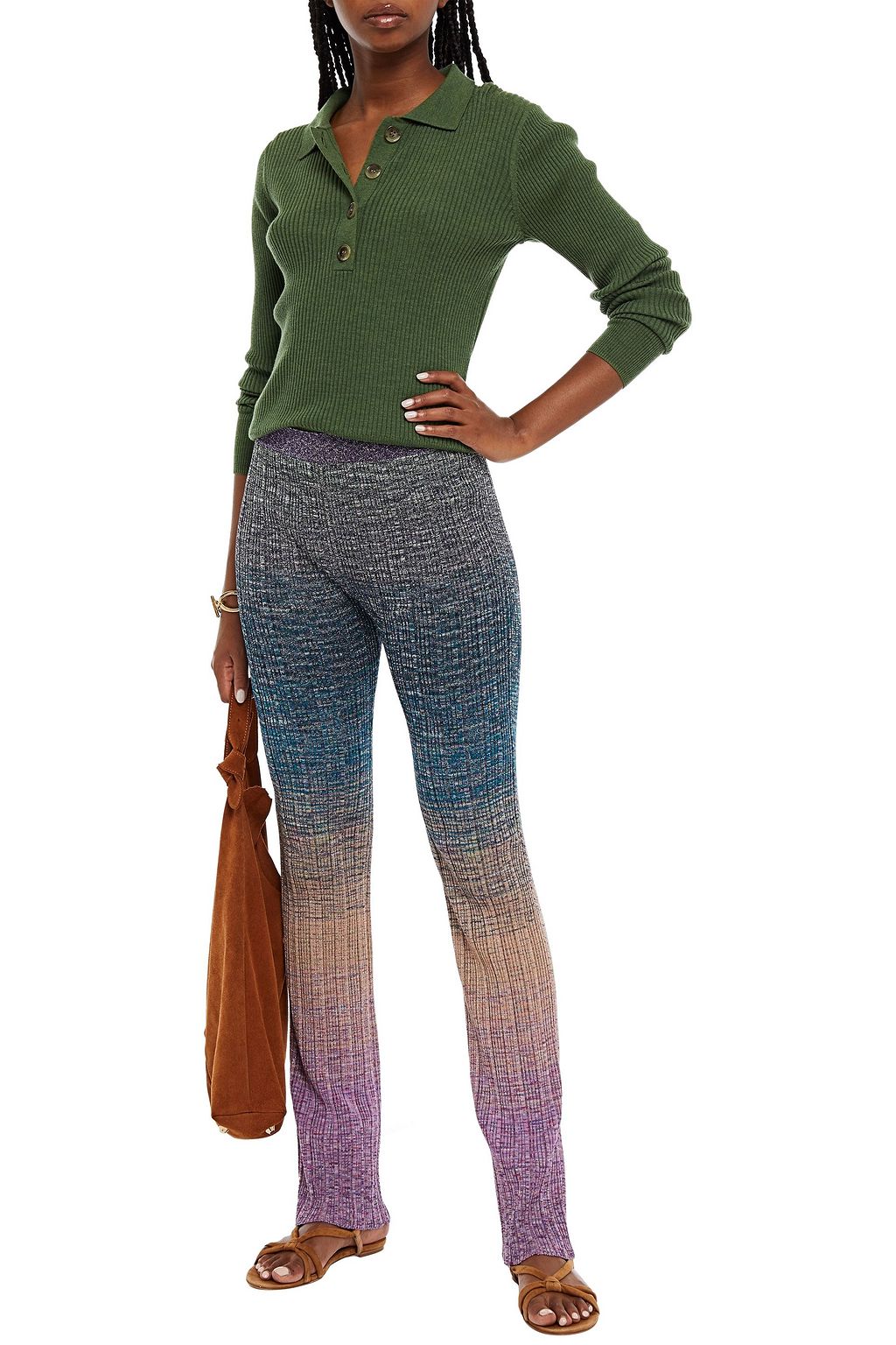 MISSONI بنطلون من مزيج الصوف المضلّع بقصة أرجل مستقيمة بلون ميتاليك