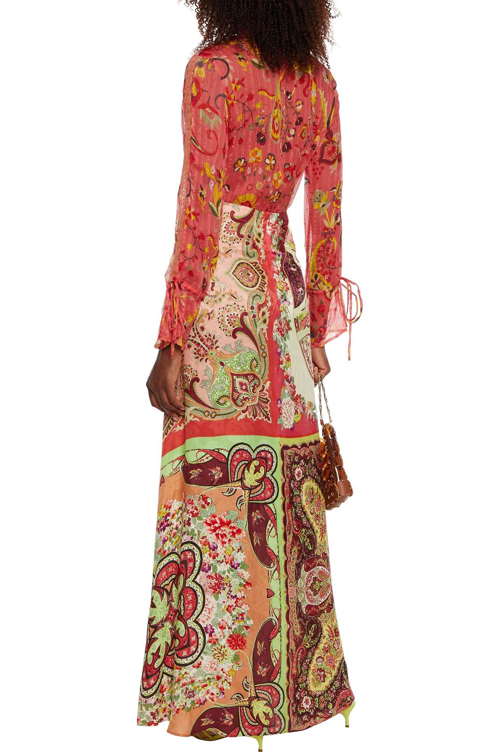 ETRO Lace-trimmed pintucked printed silk-jacquard blouse