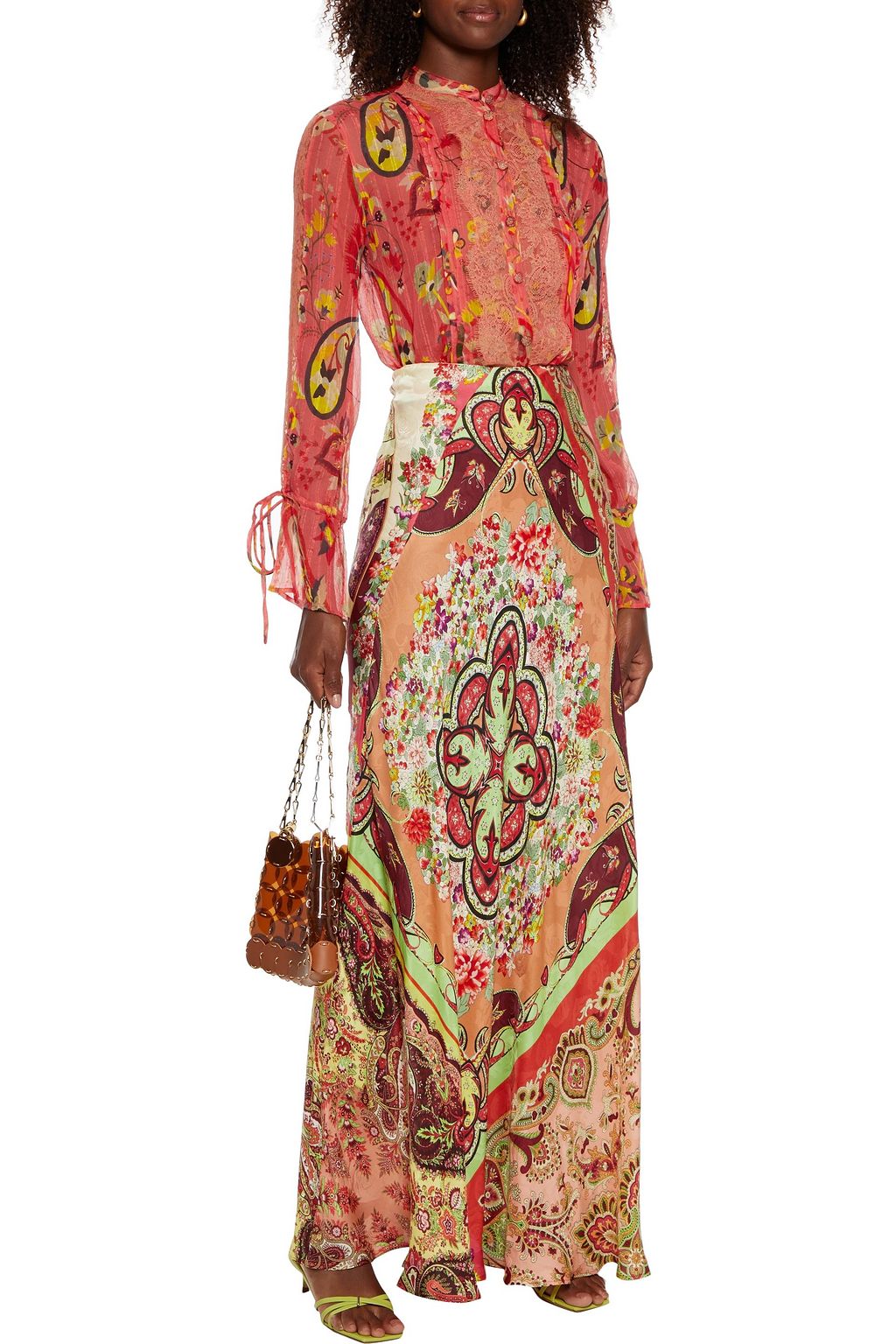 ETRO Lace-trimmed pintucked printed silk-jacquard blouse