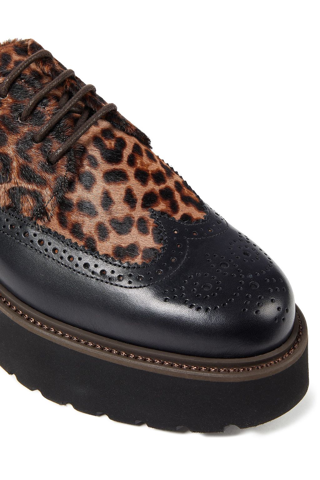HOGAN Paneled leather and printed calf-hair platform brogues