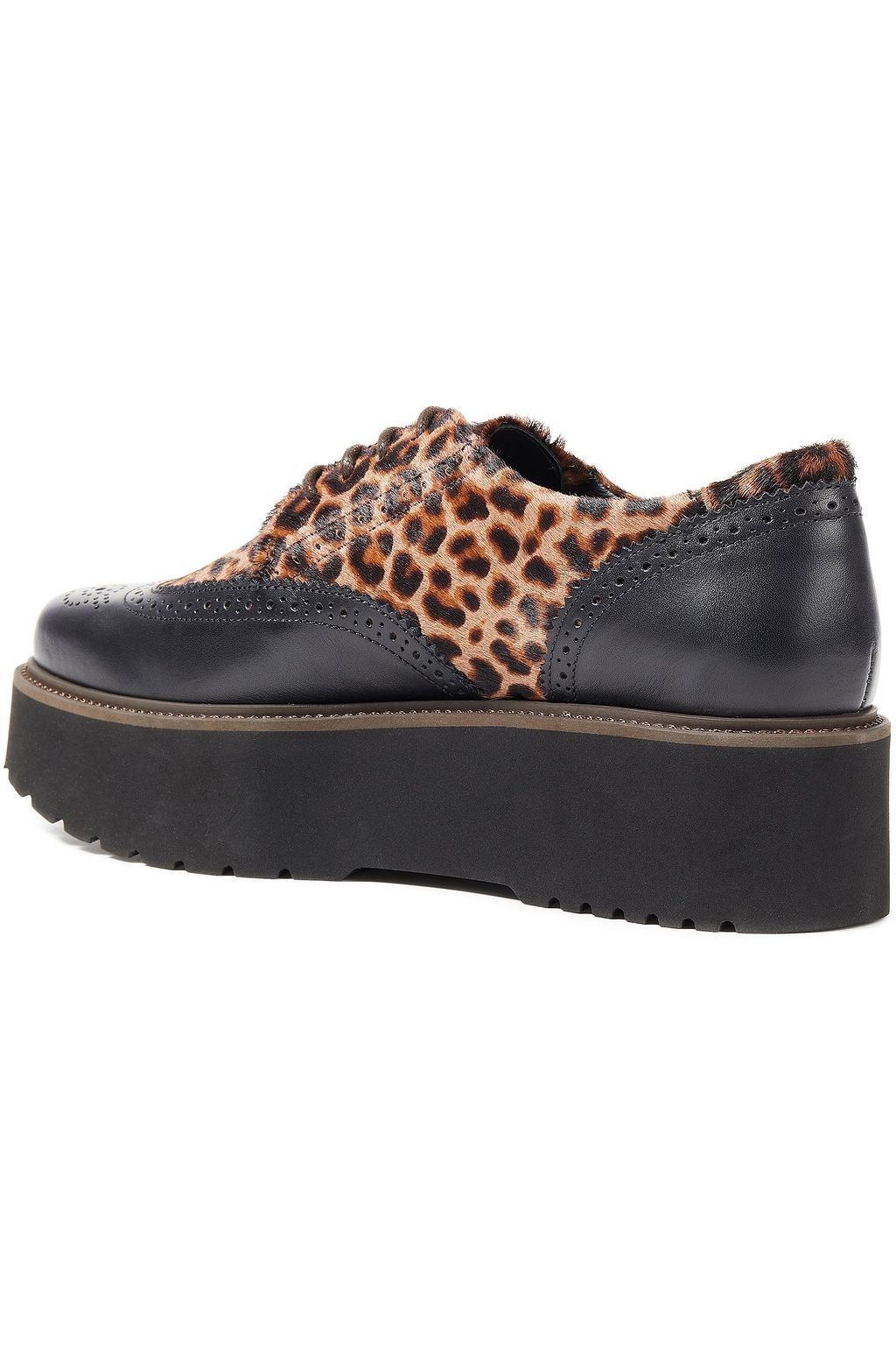 HOGAN Paneled leather and printed calf-hair platform brogues