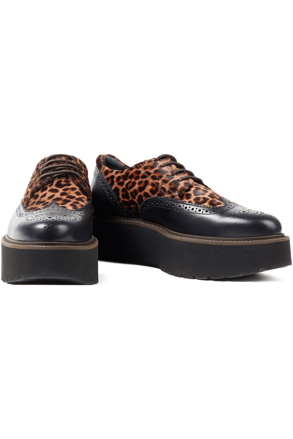 HOGAN Paneled leather and printed calf-hair platform brogues