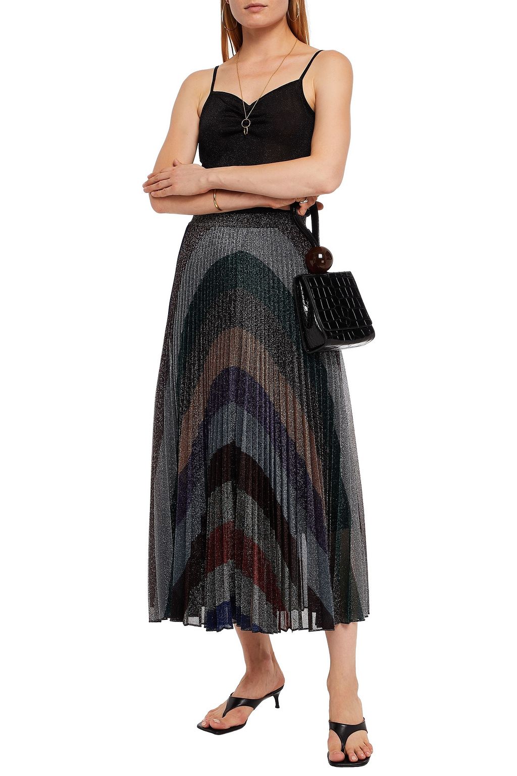 MISSONI Pleated metallic crochet-knit midi skirt