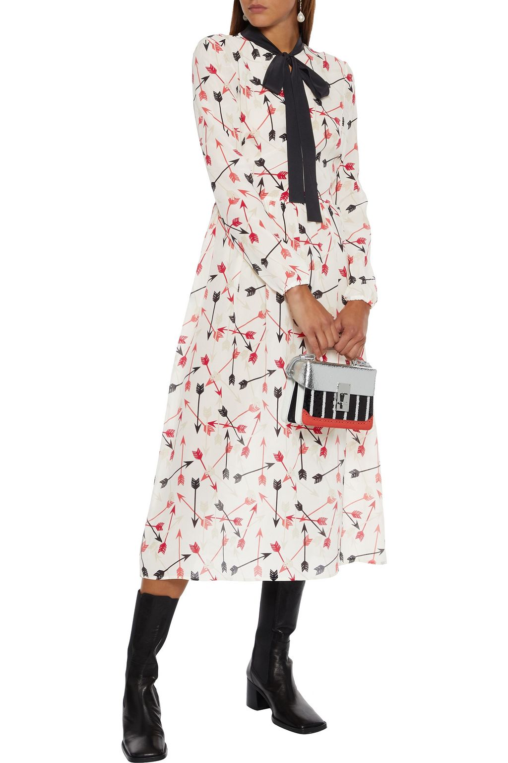 REDVALENTINO Pussy-bow printed silk crepe de chine midi dress