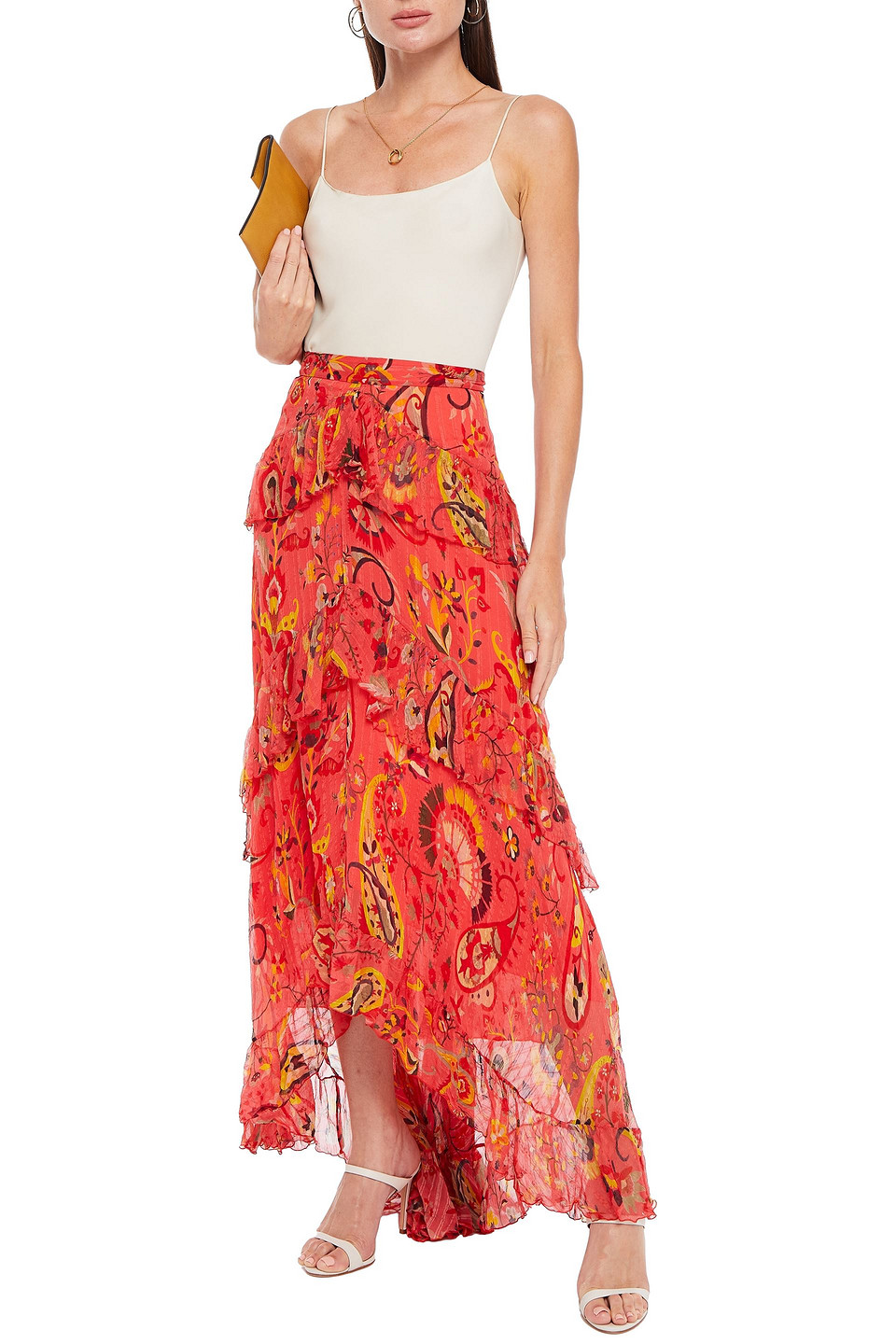 Etro Ruffled Printed Silk-crepon Midi Skirt In Papaya