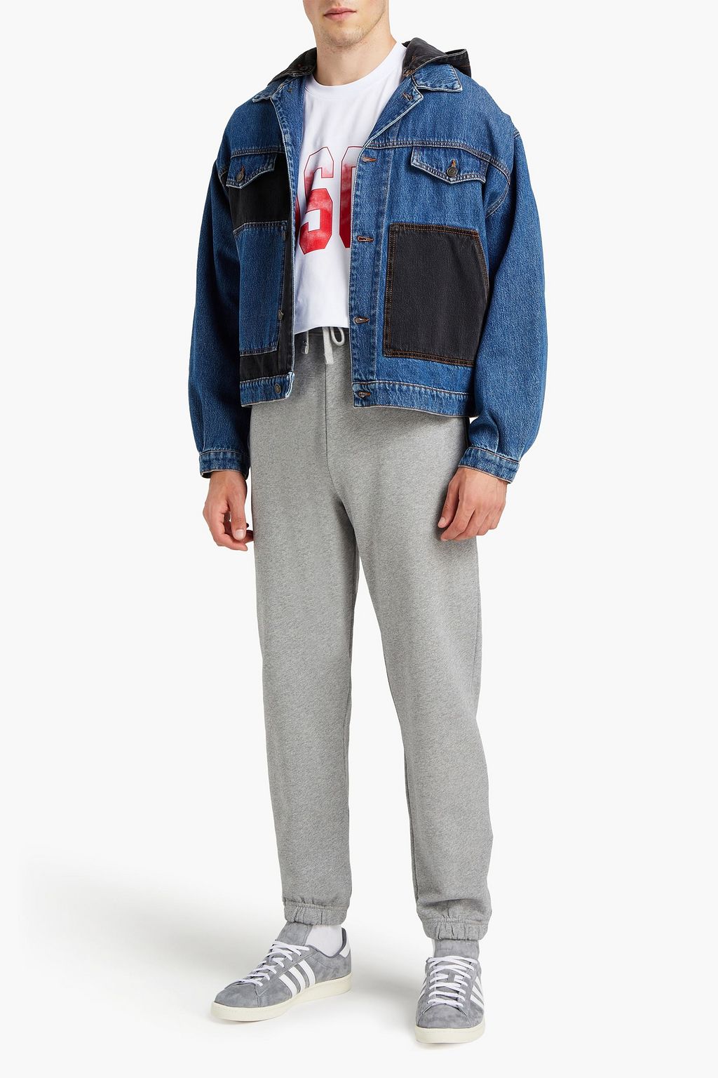 MSGM Logo-embroidered two-tone denim hooded jacket