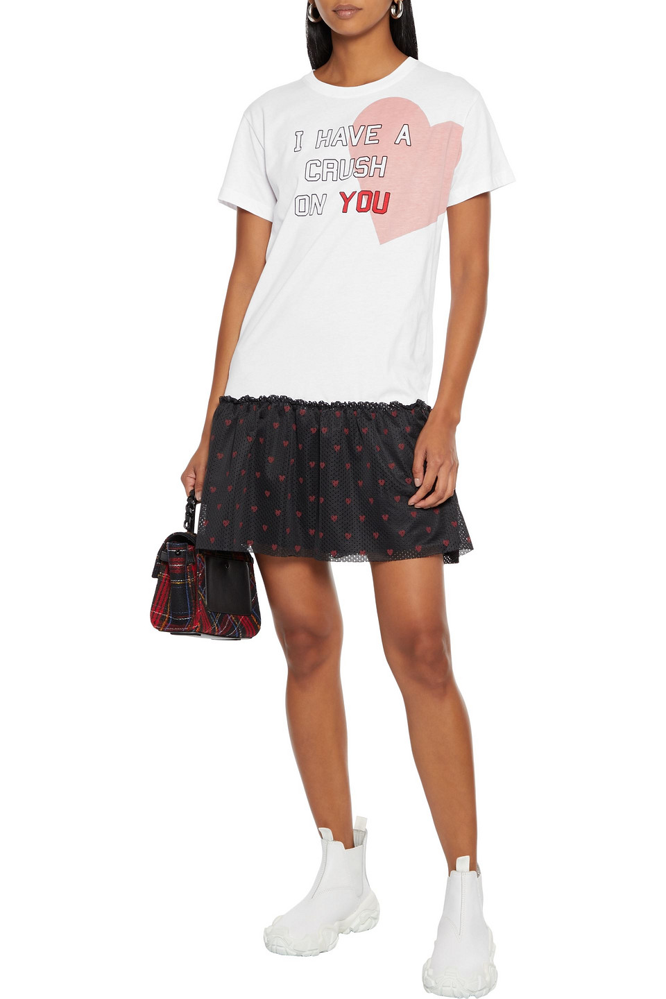 Red Valentino Ruffled Mesh-paneled Printed Cotton-jersey Mini Dress In White