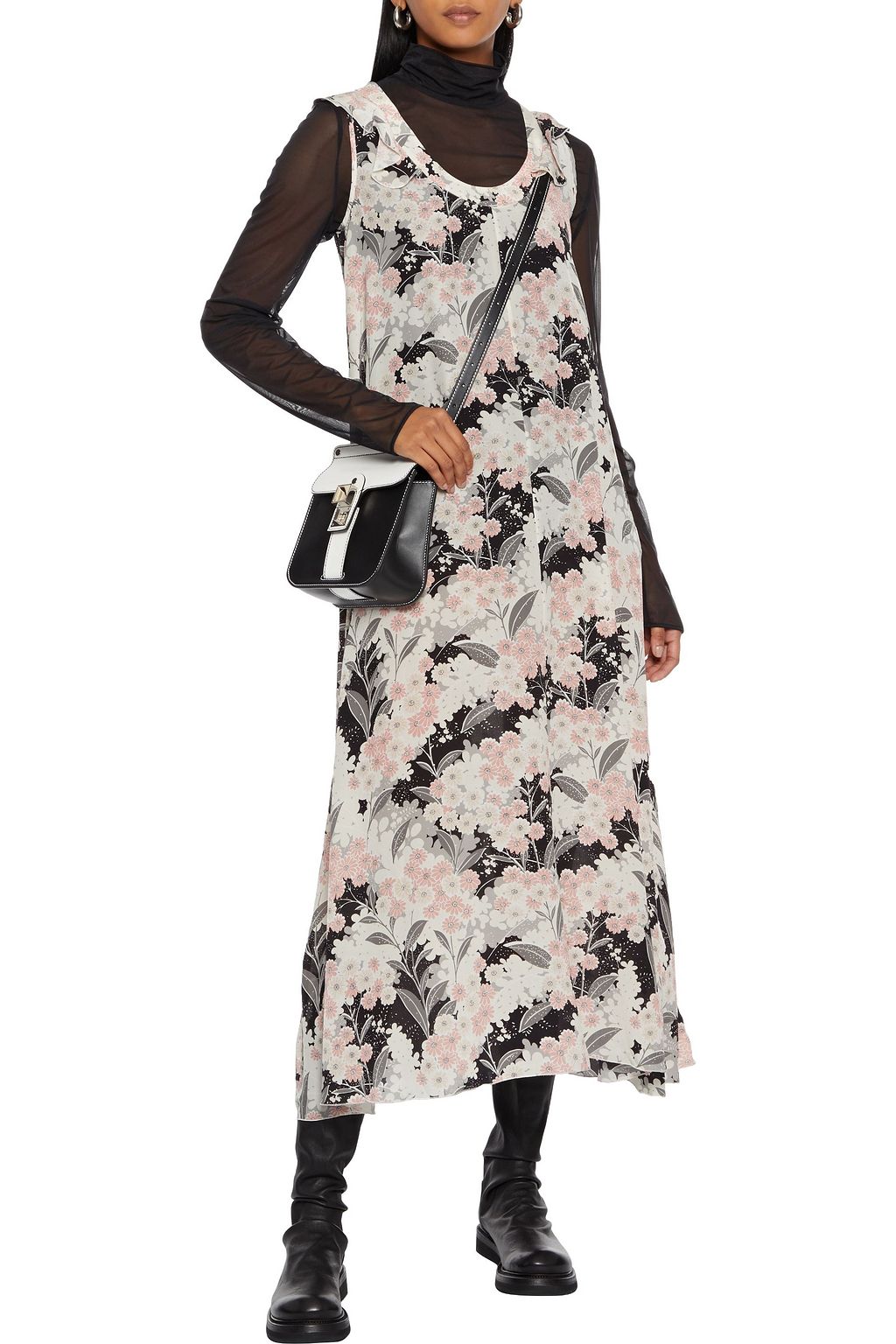 REDVALENTINO Ruffle-trimmed floral-print silk crepe de chine midi dress