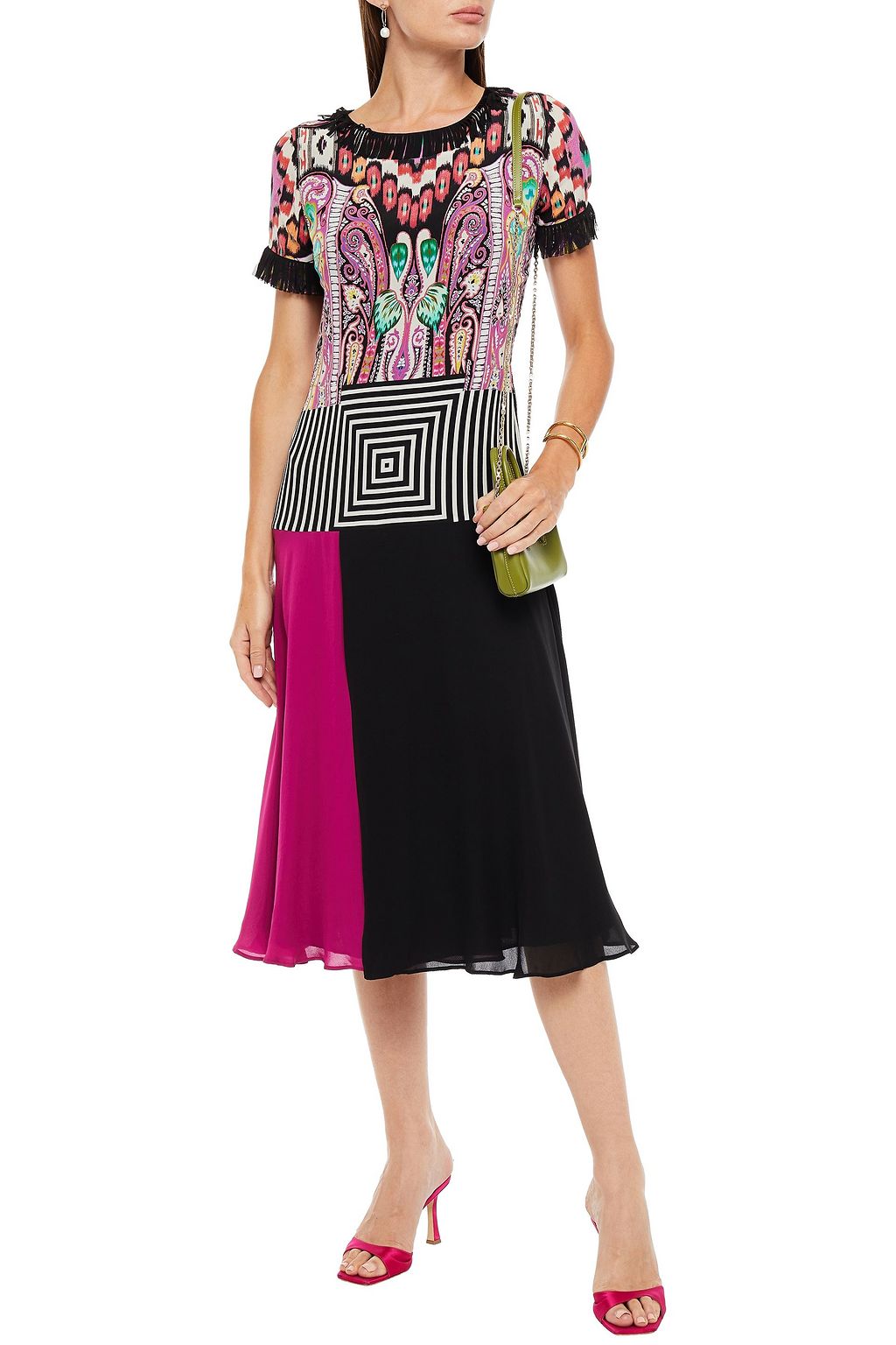 ETRO Fringed printed silk crepe de chine midi dress
