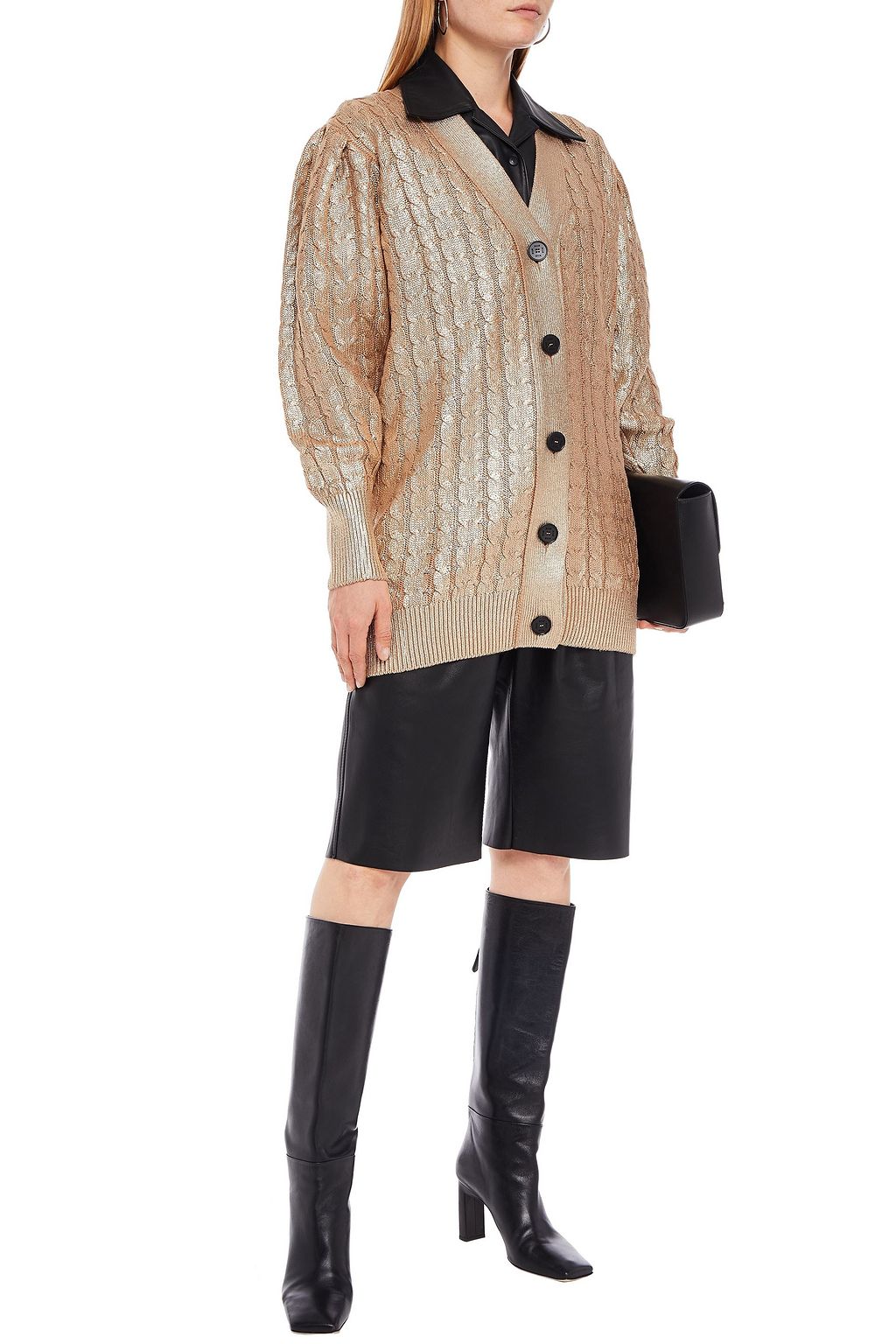 MSGM Coated metallic cable-knit wool-blend cardigan