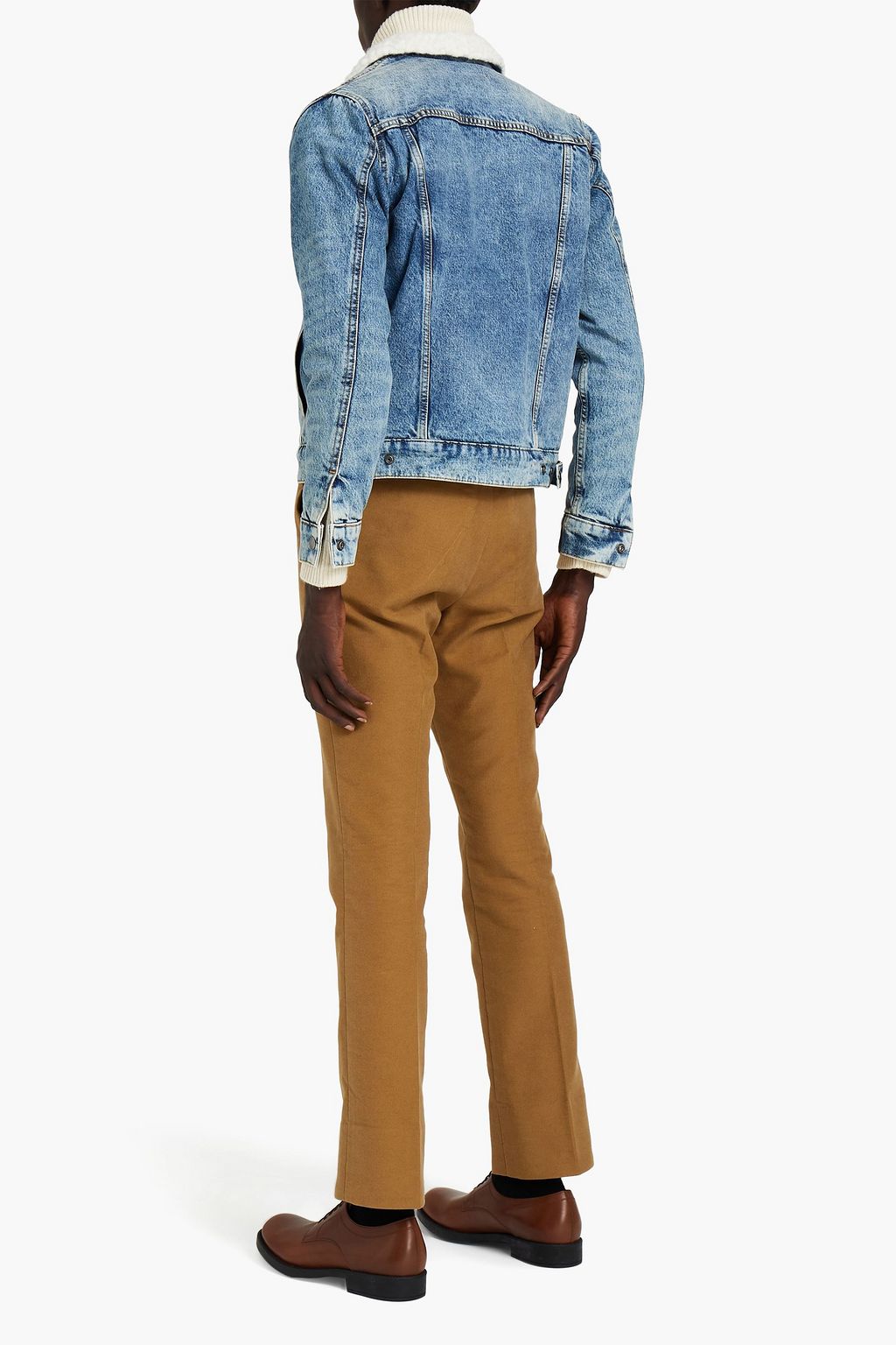 SANDRO Faux shearling-lined distressed denim jacket