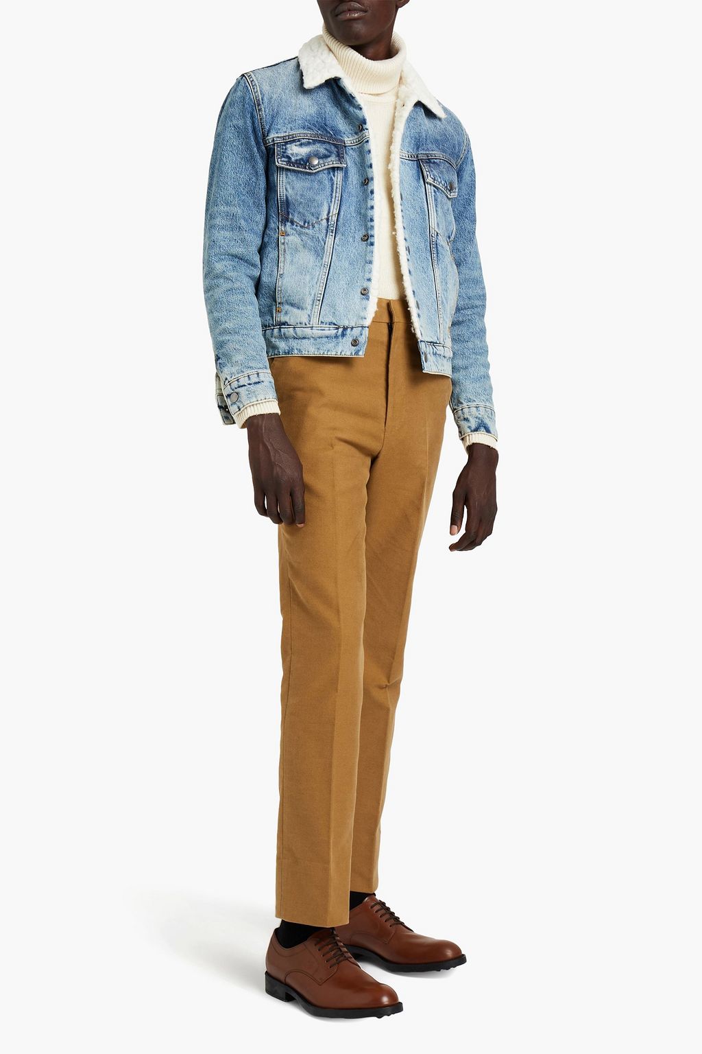 SANDRO Faux shearling-lined distressed denim jacket