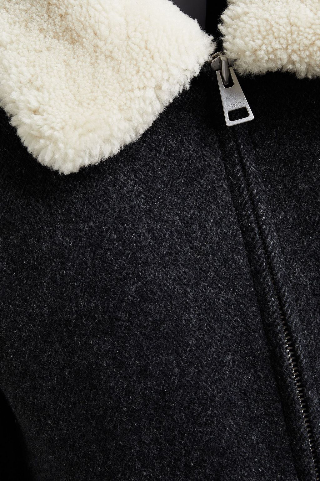 SANDRO Shearling-trimmed herringbone wool-blend jacket