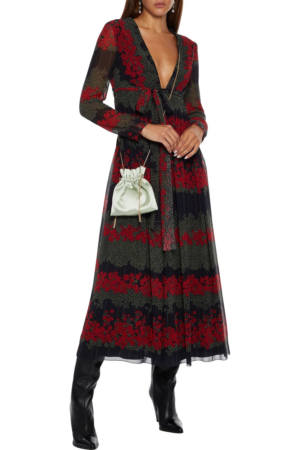 REDVALENTINO Belted pintucked floral-print georgette maxi dress