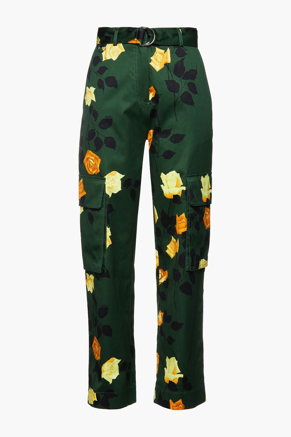 Msgm Woman Belted Floral-print Cotton-twill Wide-leg Pants Forest Green Size 38
