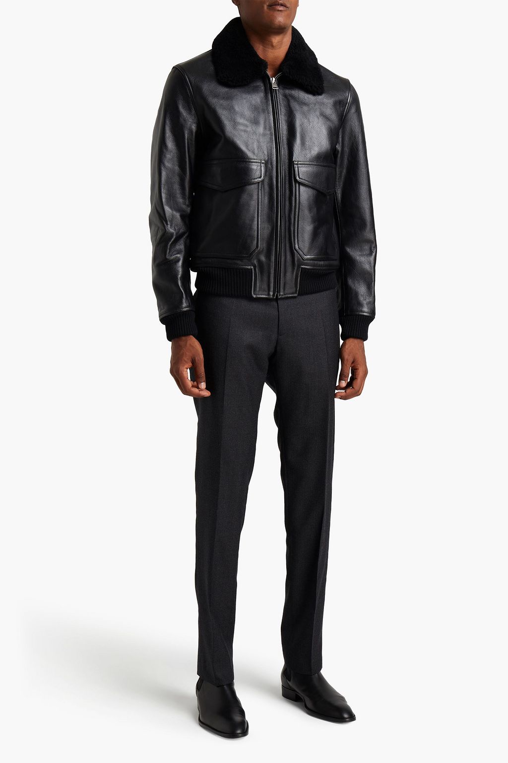 SANDRO Jacke aus strukturiertem Leder mit Shearling-Besatz