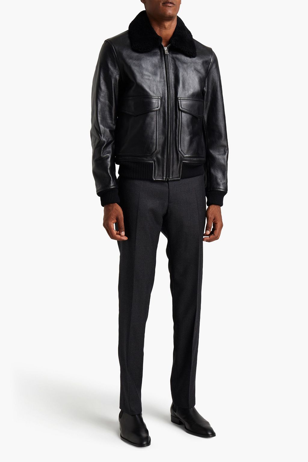 SANDRO Shearling-trimmed textured-leather jacket | THE OUTNET