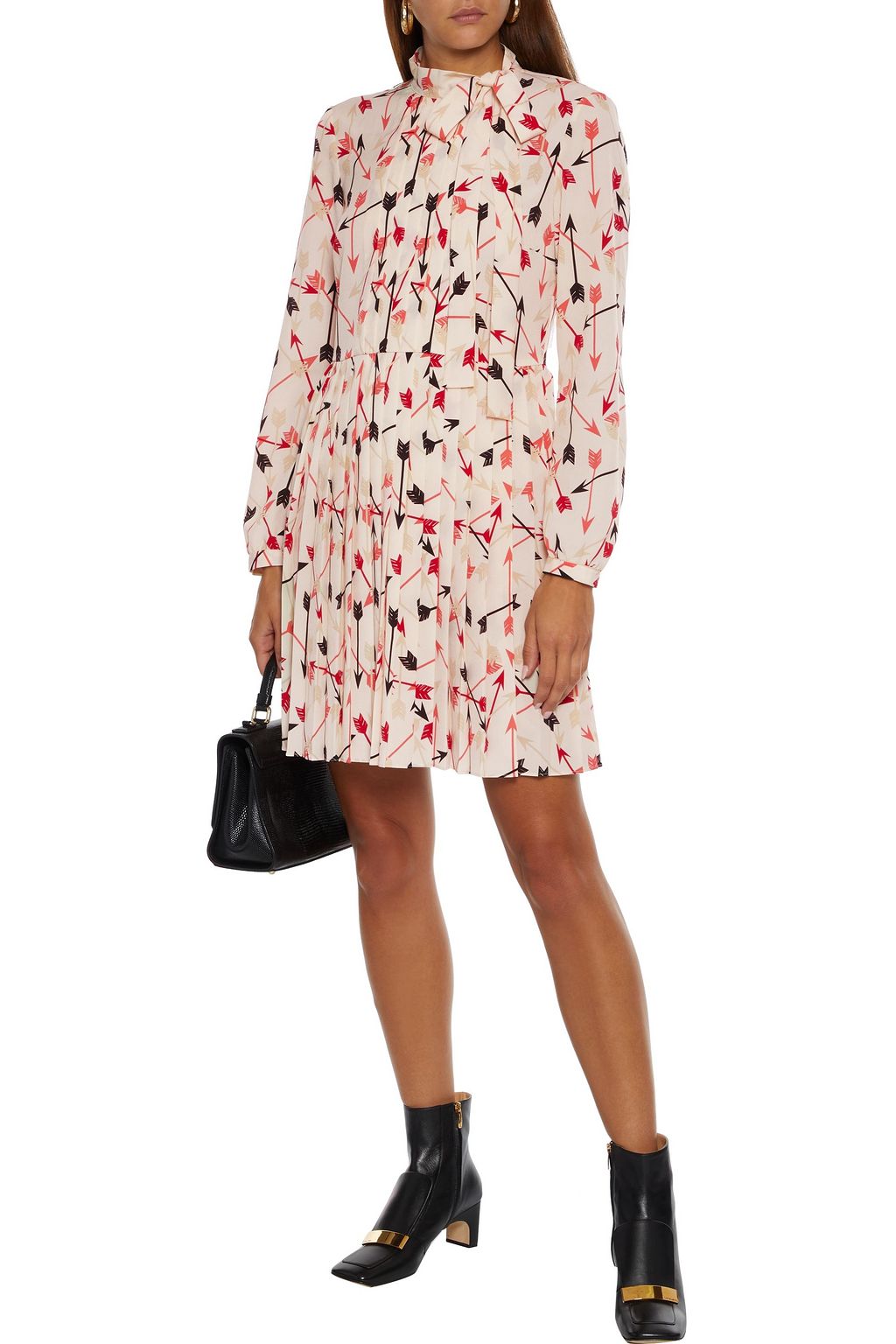 REDVALENTINO Pussy-bow pleated printed crepe de chine mini dress