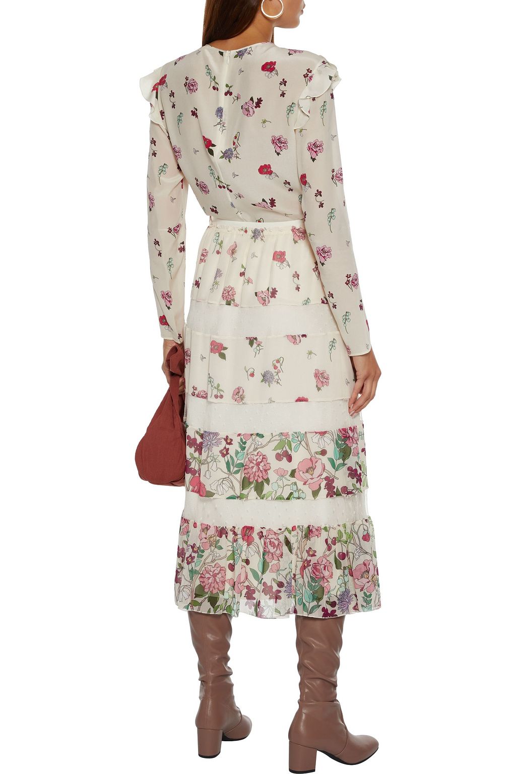 REDVALENTINO Point d'esprit-paneled floral-print chiffon midi skirt