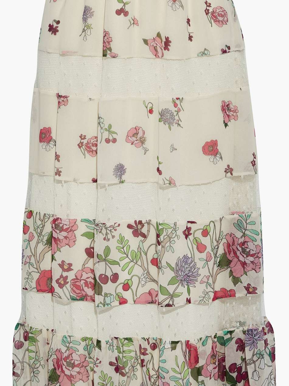 point d'esprit-paneled floral-print chiffon midi skirt