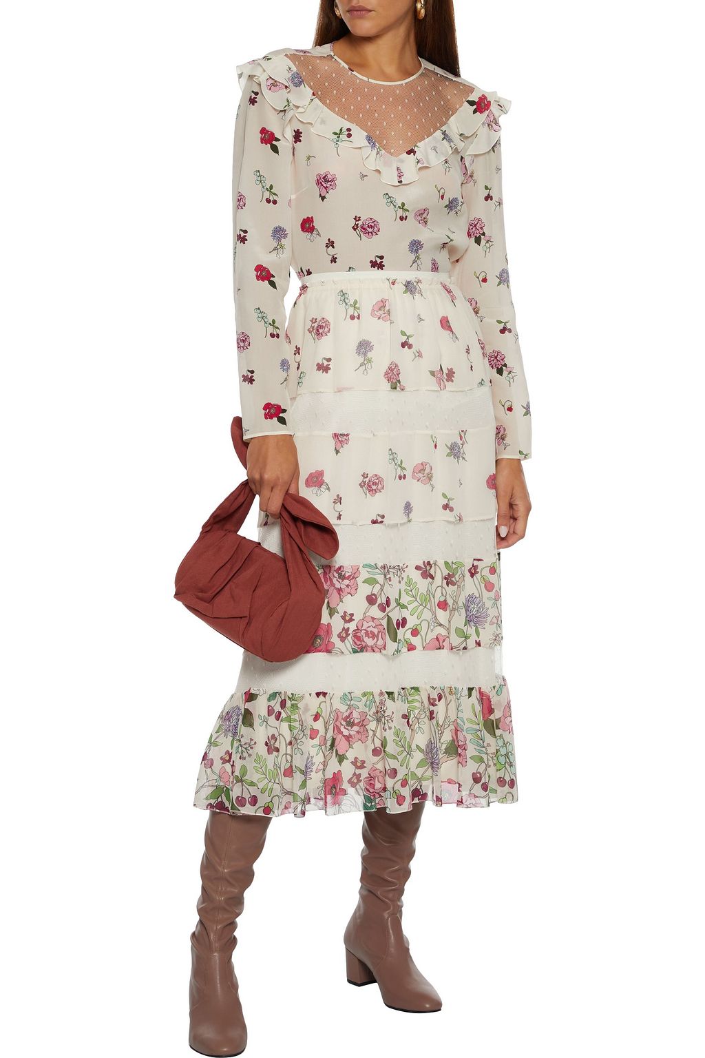 REDVALENTINO Point d'esprit-paneled floral-print chiffon midi skirt