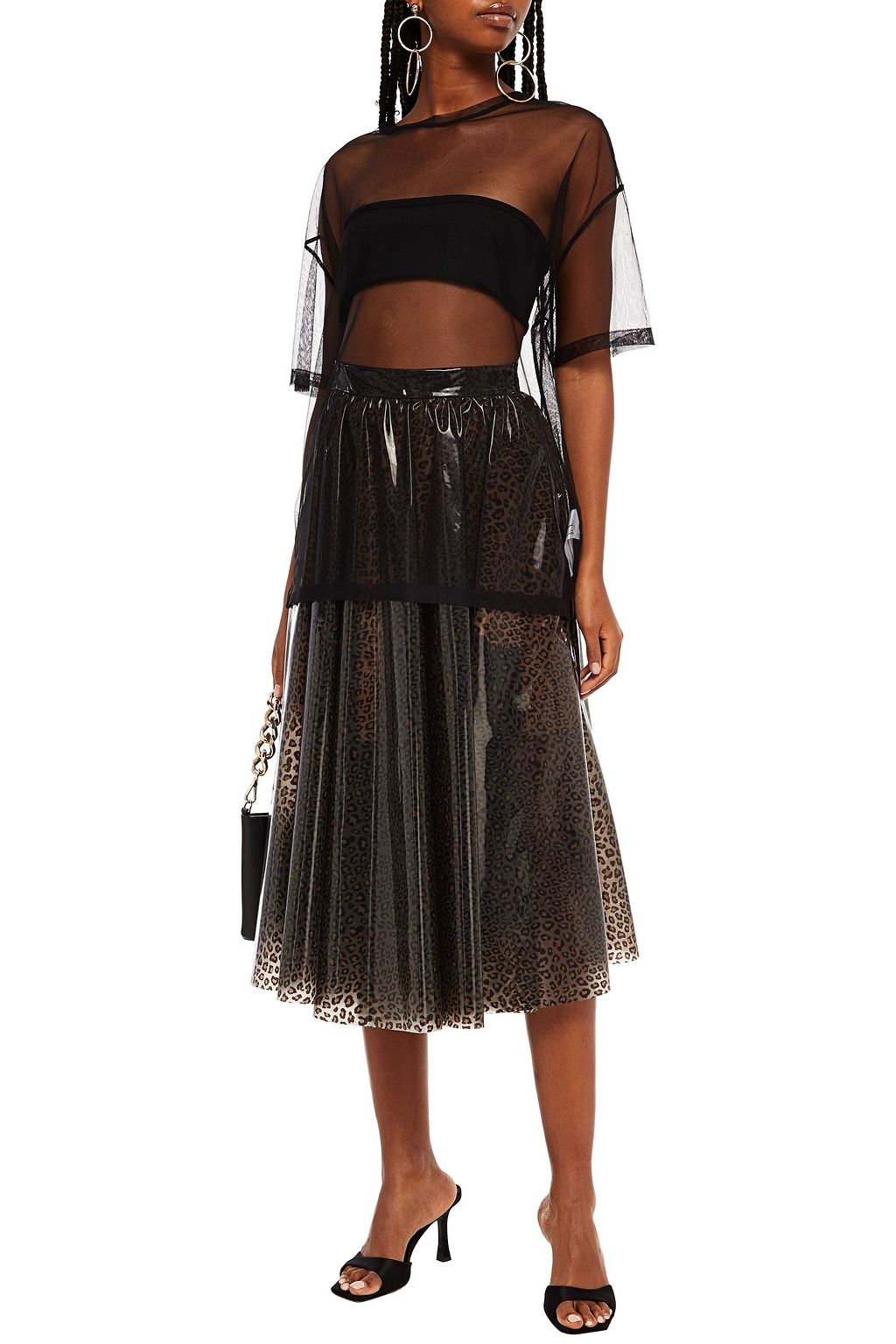 MSGM Gathered leopard-print vinyl midi skirt