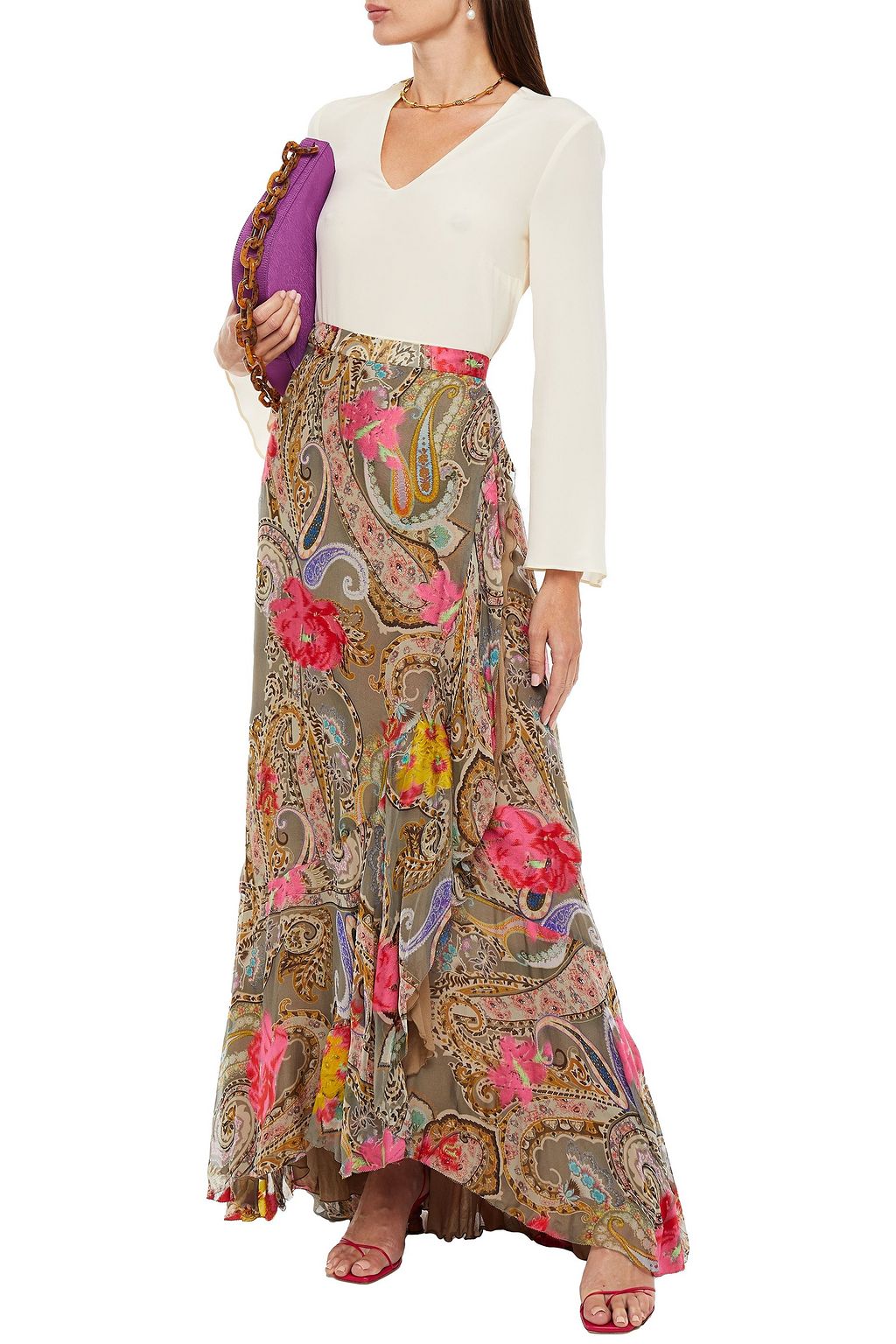 ETRO Wrap-effect printed silk-blend chiffon maxi skirt