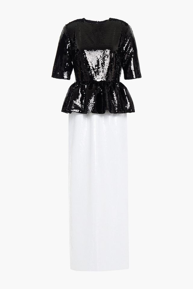 Two-tone sequined tulle peplum maxi dress