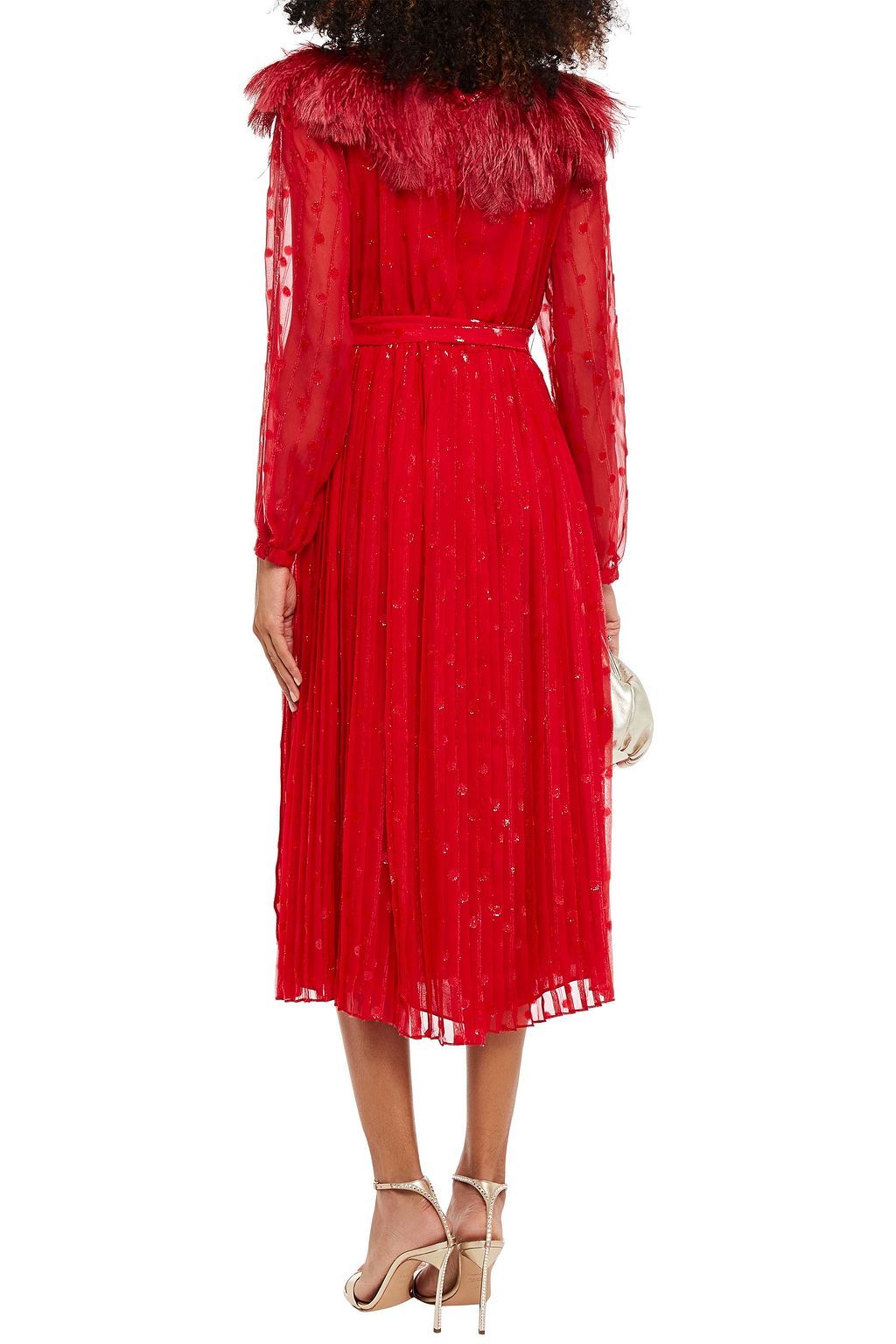 VALENTINO GARAVANI Feather-trimmed pleated fil coupé midi dress