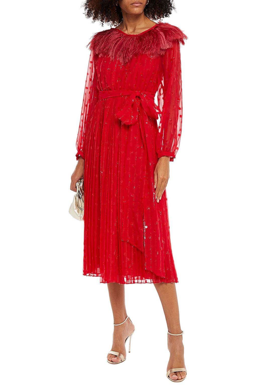 VALENTINO GARAVANI Feather-trimmed pleated fil coupé midi dress