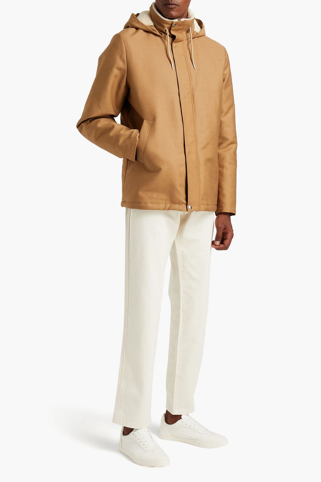 SANDRO Deck faux shearling-lined cotton-gabardine hooded jacket