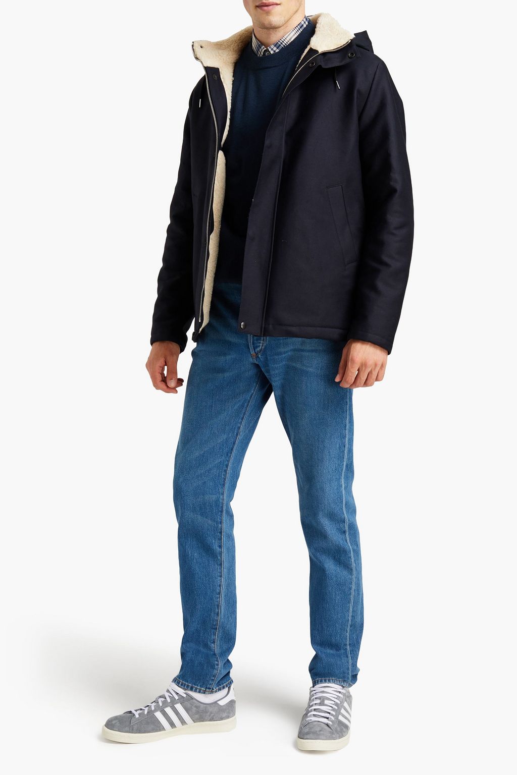 SANDRO Deck faux shearling-lined cotton-gabardine hooded jacket