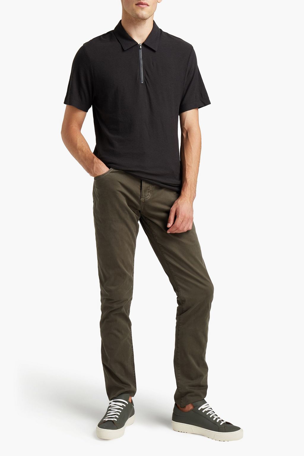 JAMES PERSE Slub cotton and linen-blend jersey zip-up polo shirt