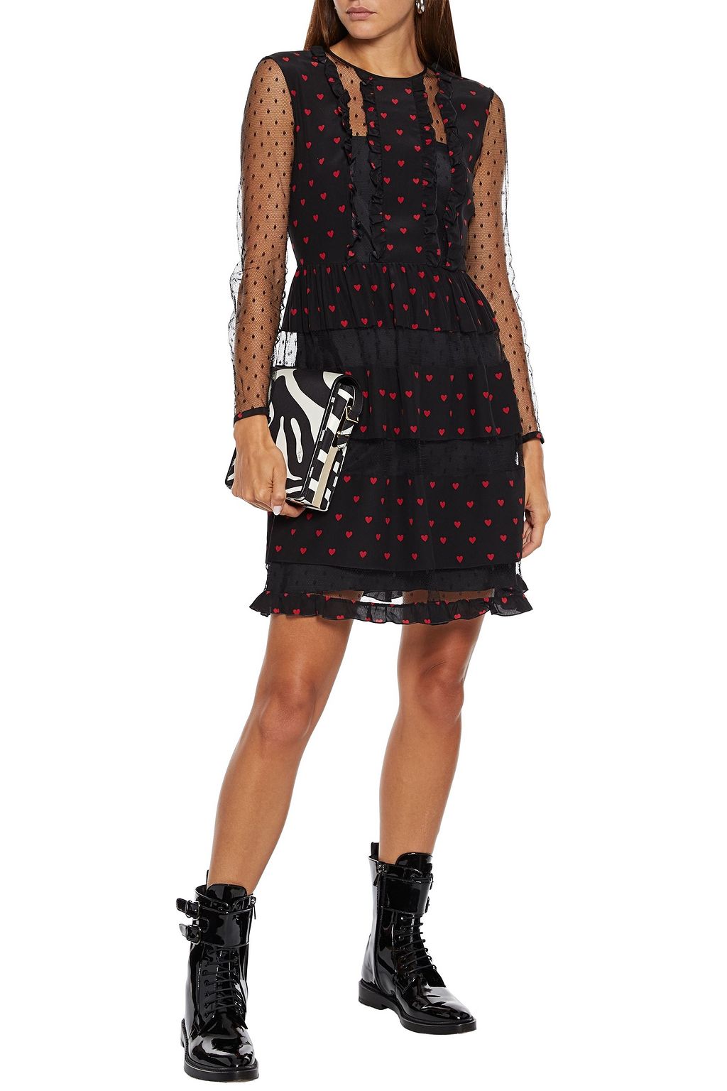 REDVALENTINO Point d'esprit-paneled printed crepe de chine mini dress
