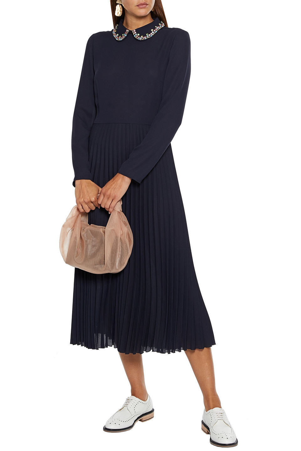 Click to view more detailed imagery on our partner's website Red Valentino Embellished Pleated Crepe De Chine Midi Dress In Midnight Blue