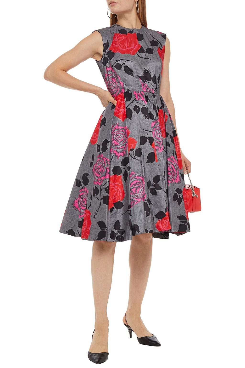 MSGM Gathered floral-print satin midi dress