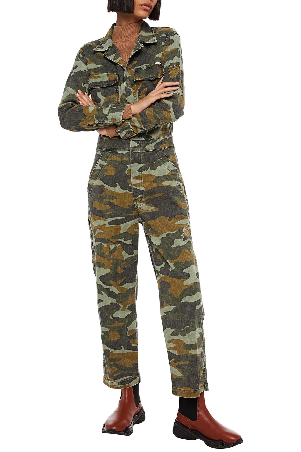 MOTHER The Fixer cropped camouflage-print linen-blend jumpsuit