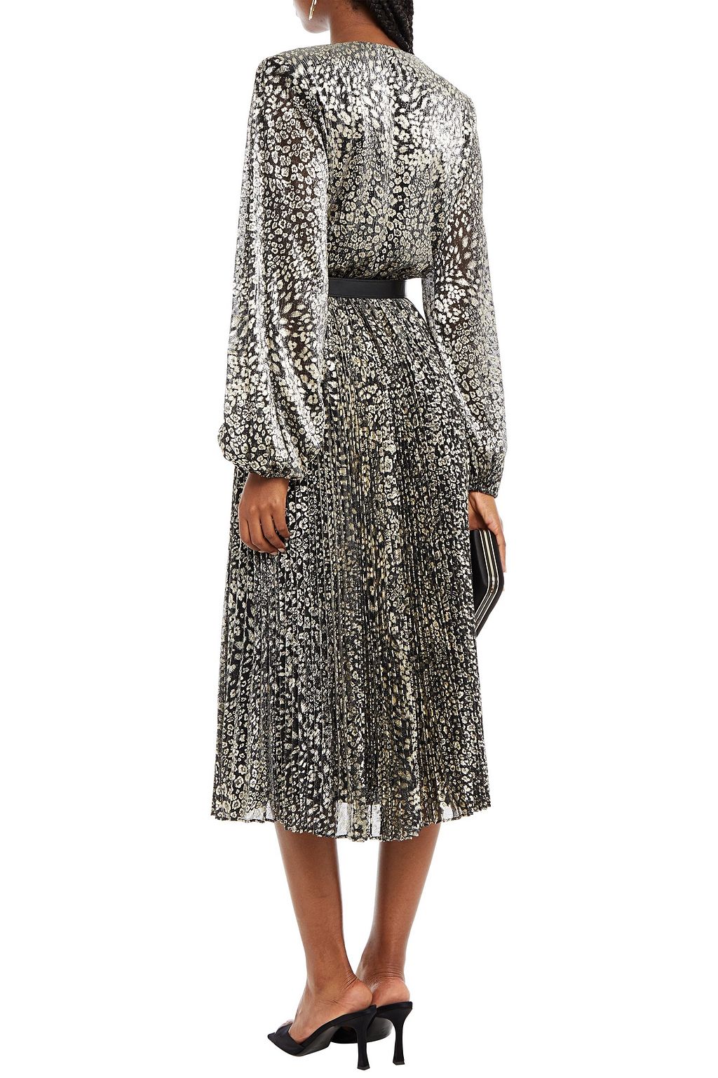 REBECCA VALLANCE Vienna wrap-effect belted floral-print Lurex midi dress
