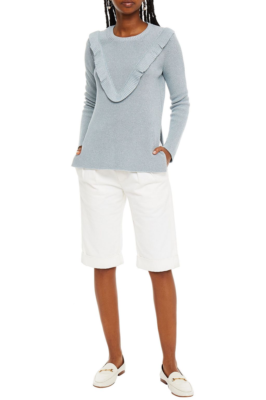 REDVALENTINO Ruffled ribbed metallic cotton-blend sweater