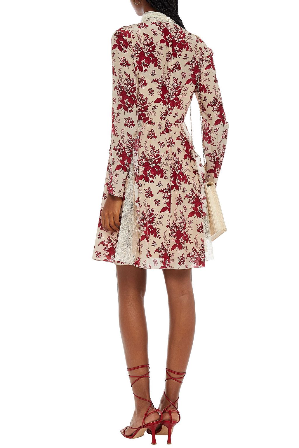 REDVALENTINO Lace-paneled floral-print silk crepe de chine mini dress