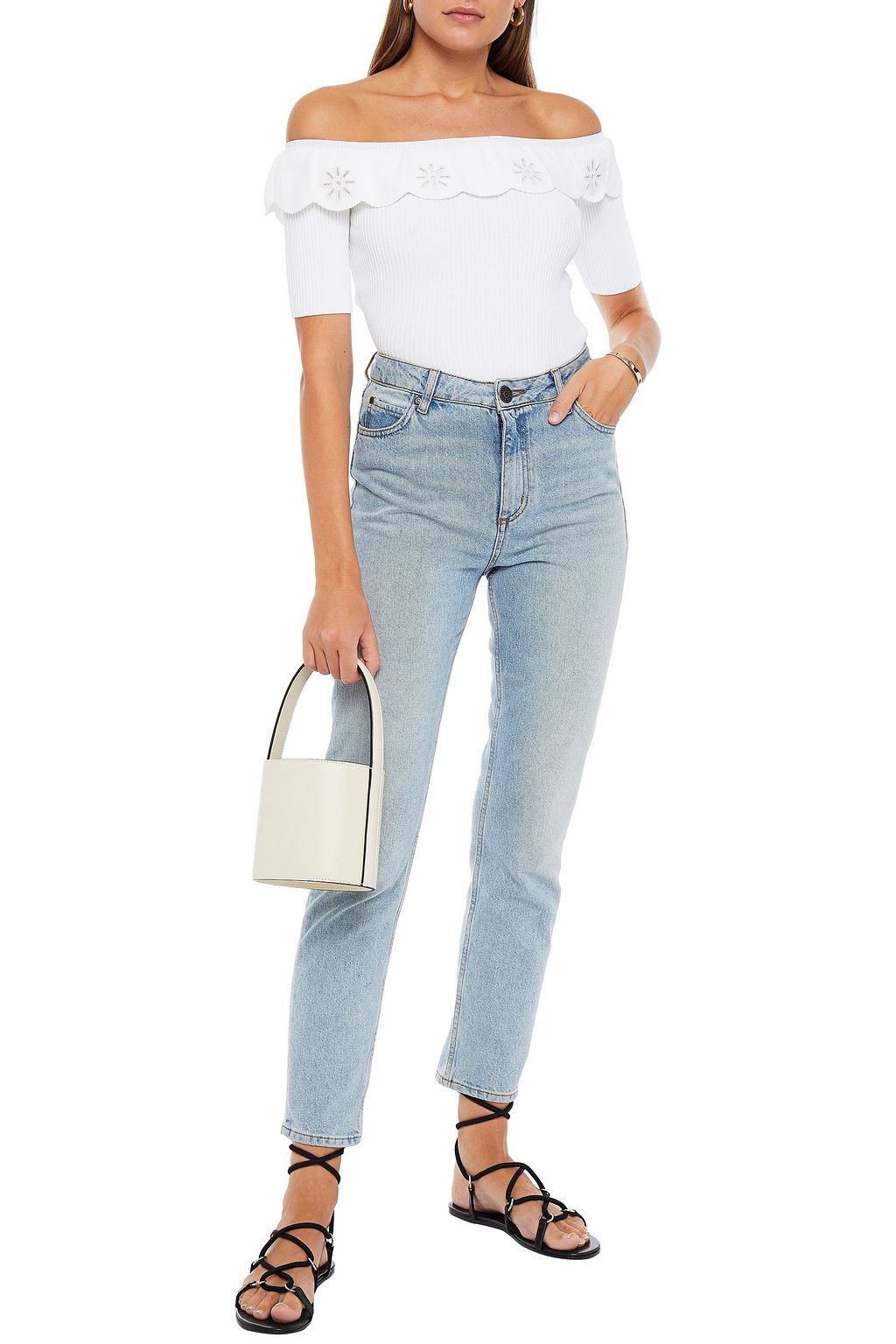 REDVALENTINO Off-the-shoulder broderie anglaise-trimmed ribbed-knit top