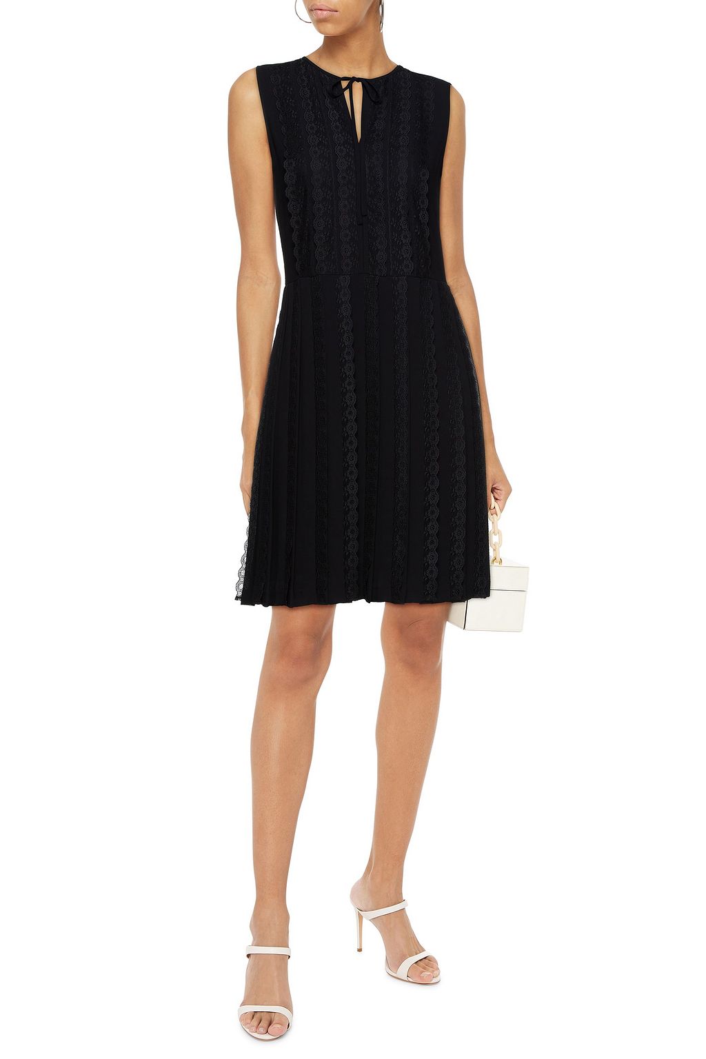 REDVALENTINO Pleated lace-trimmed crepe mini dress