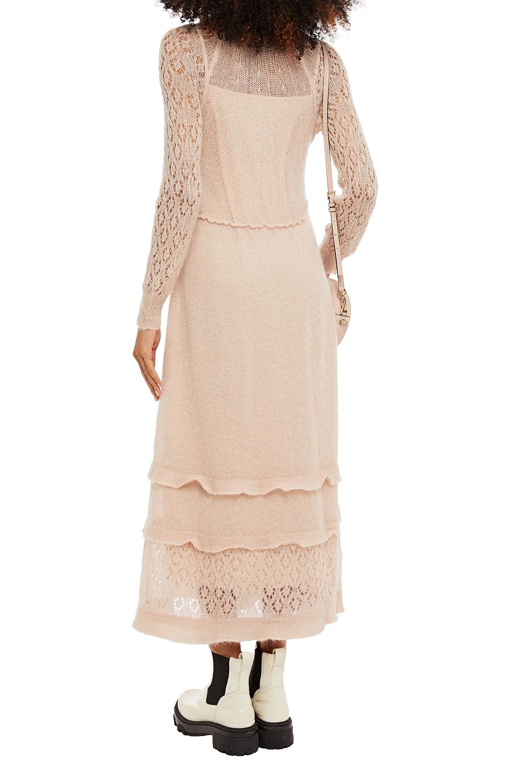 REDVALENTINO Tie-neck ruffled pointelle-knit midi dress