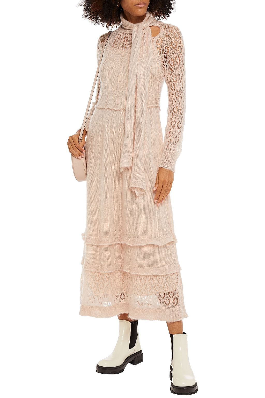 REDVALENTINO Tie-neck ruffled pointelle-knit midi dress