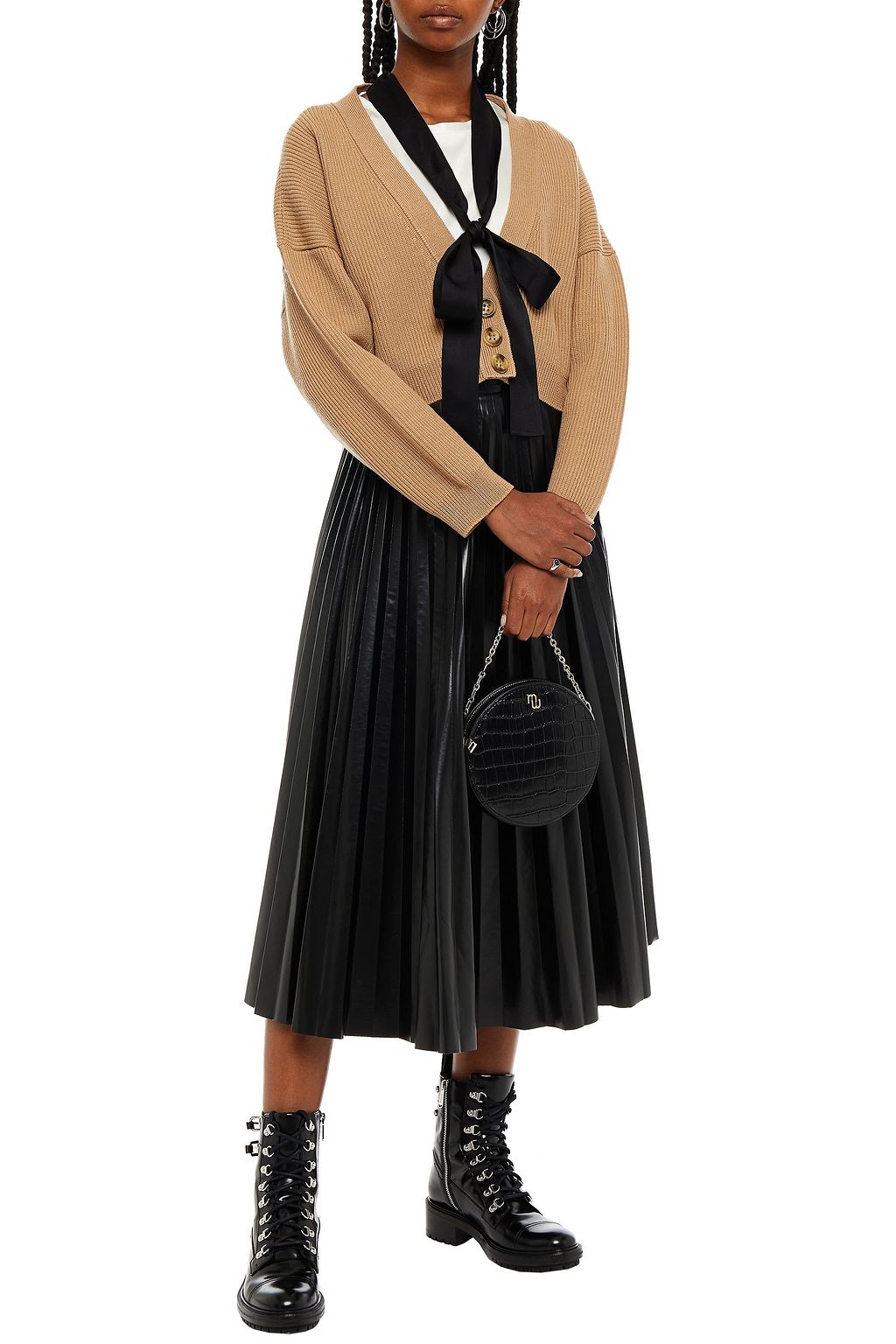 REDVALENTINO Pussy-bow cropped ribbed wool cardigan