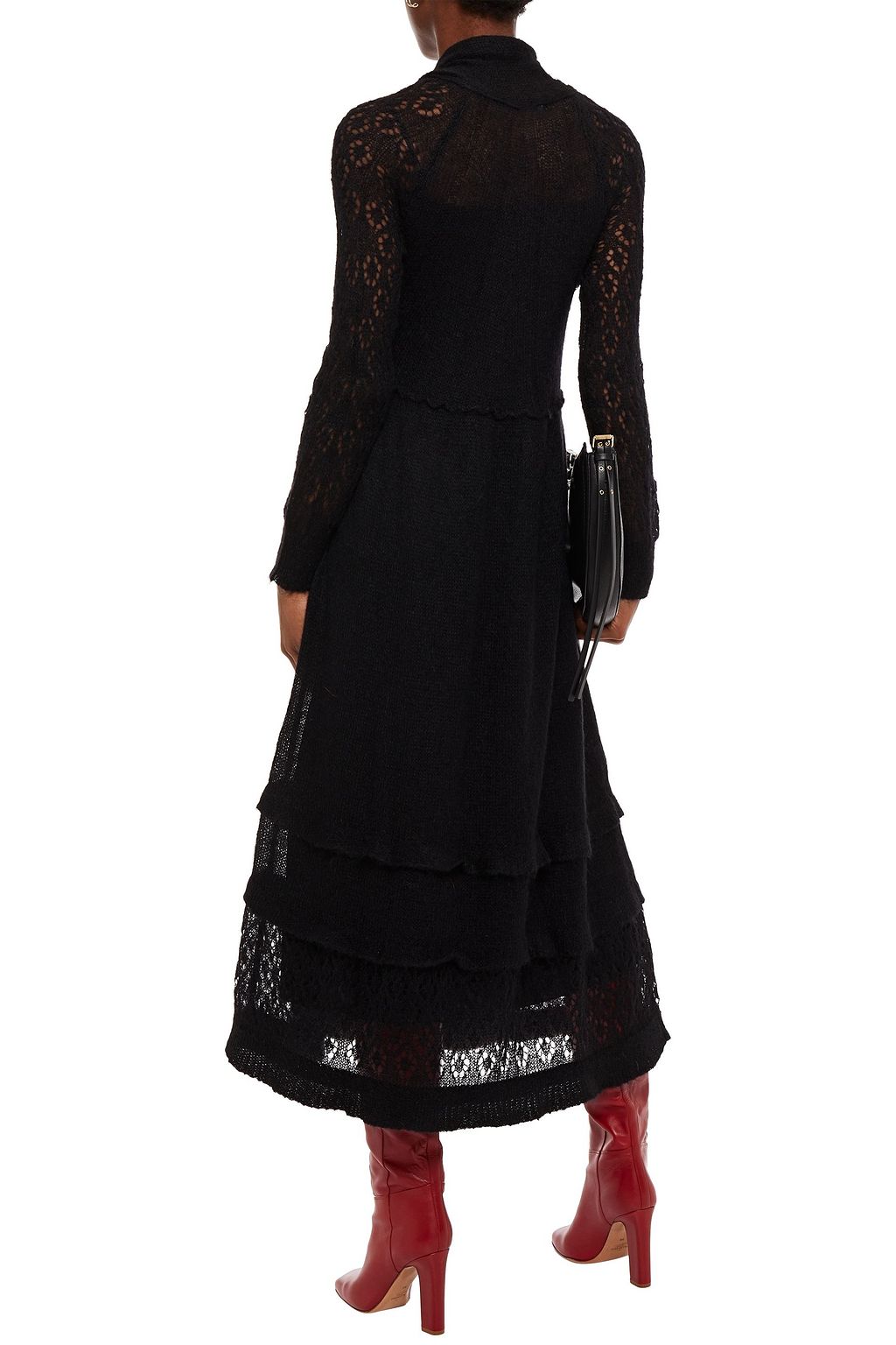 REDVALENTINO Tie-neck ruffled pointelle-knit midi dress