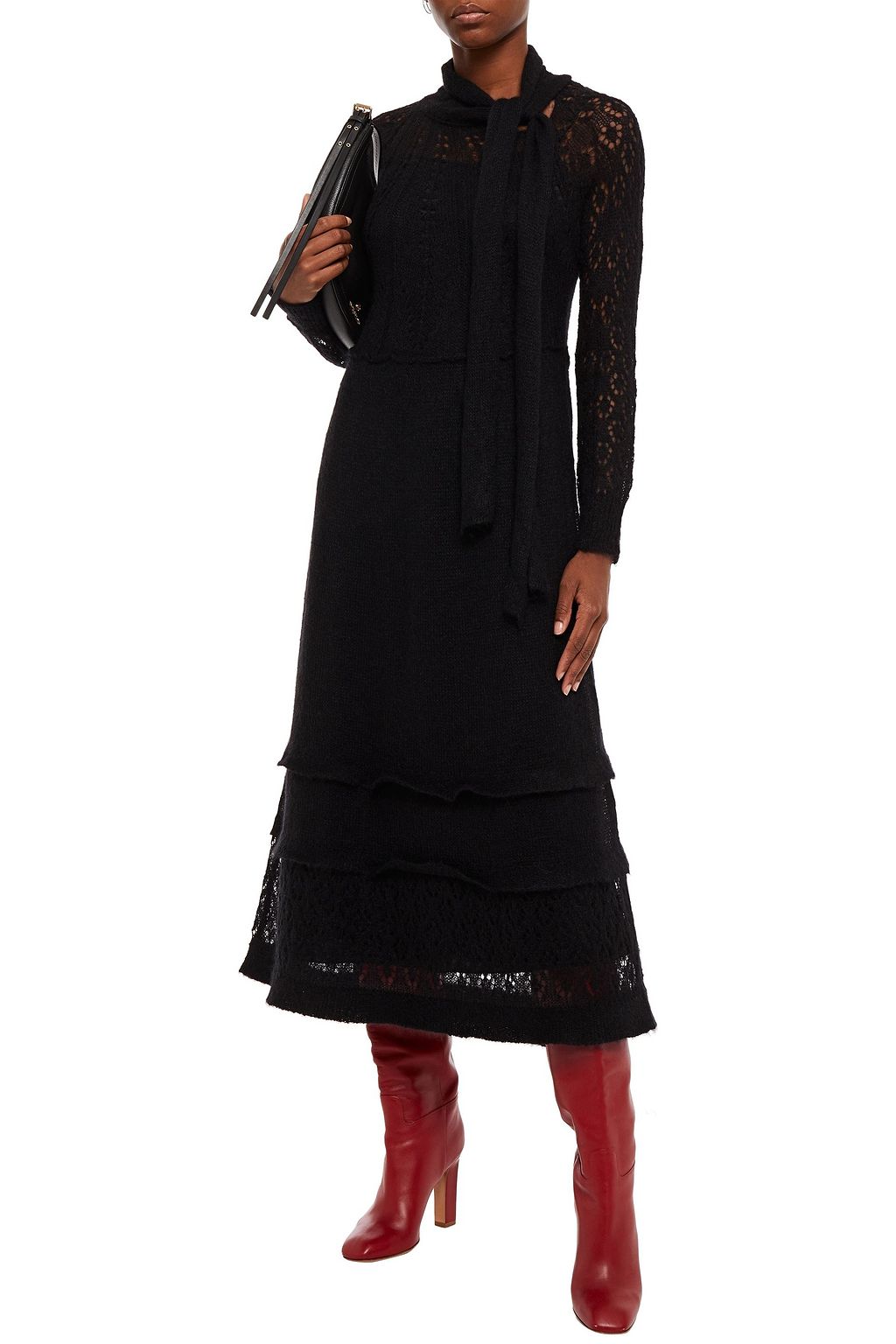 REDVALENTINO Tie-neck ruffled pointelle-knit midi dress