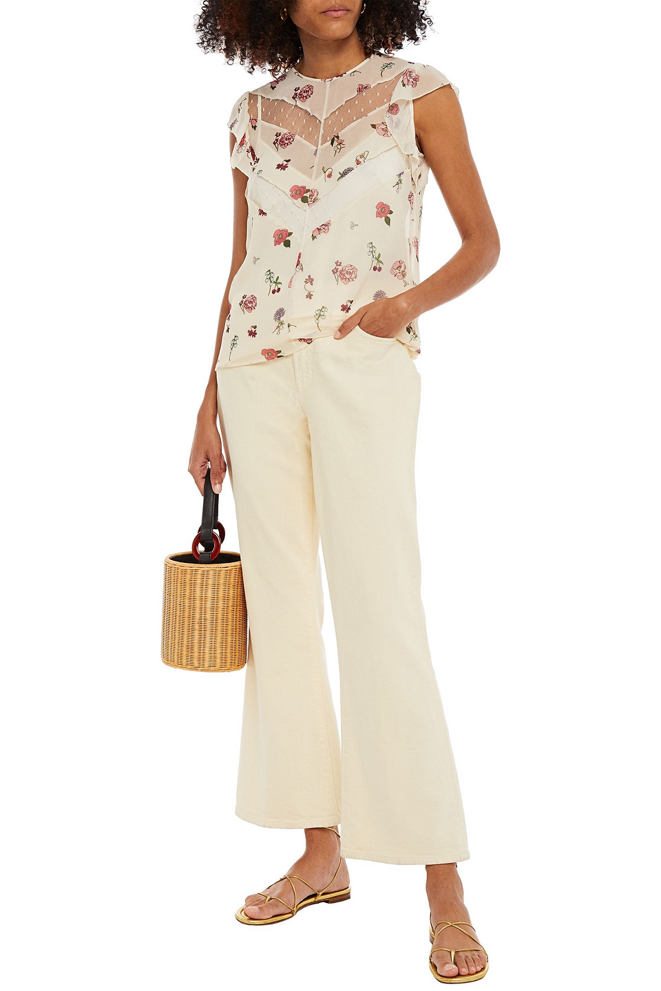 Red Valentino Paneled Printed Chiffon And Point D'esprit Top In Ecru